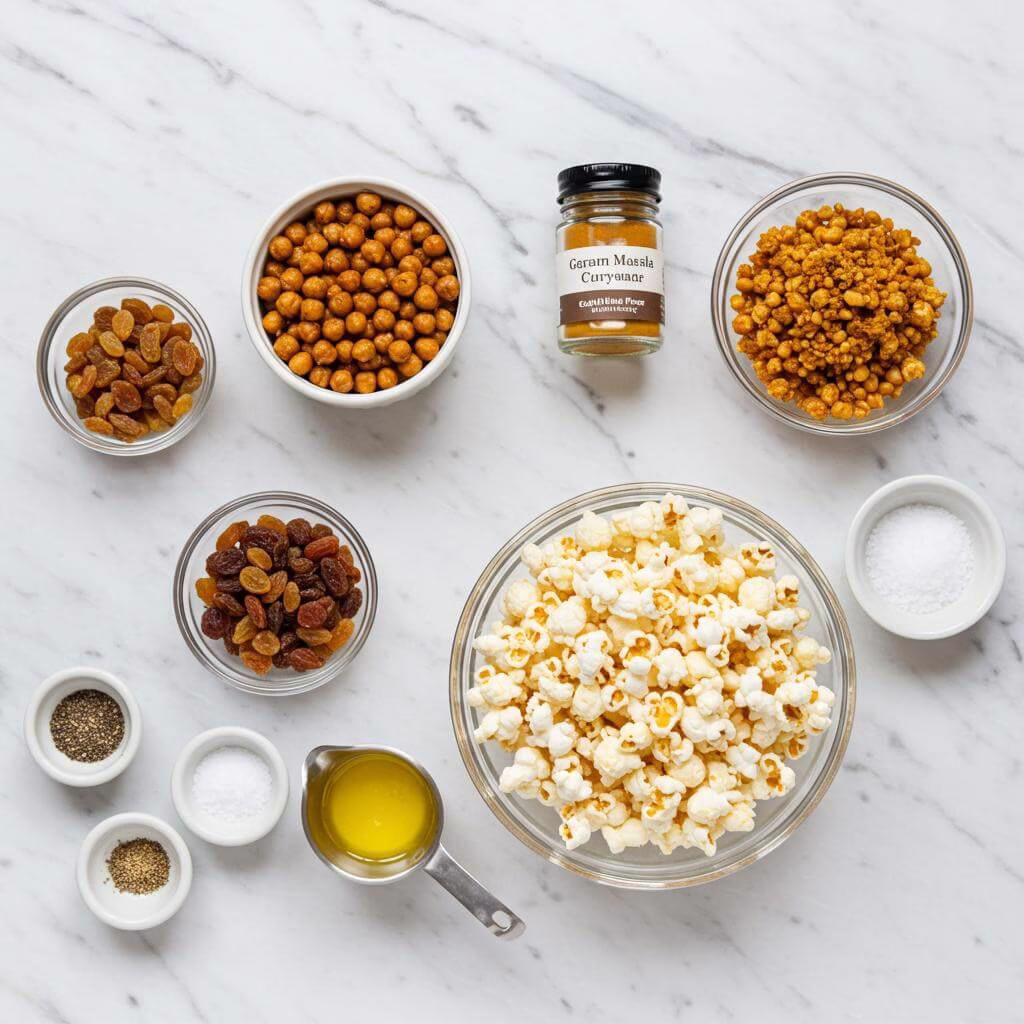 Spiced popcorn snack ingredients flat lay