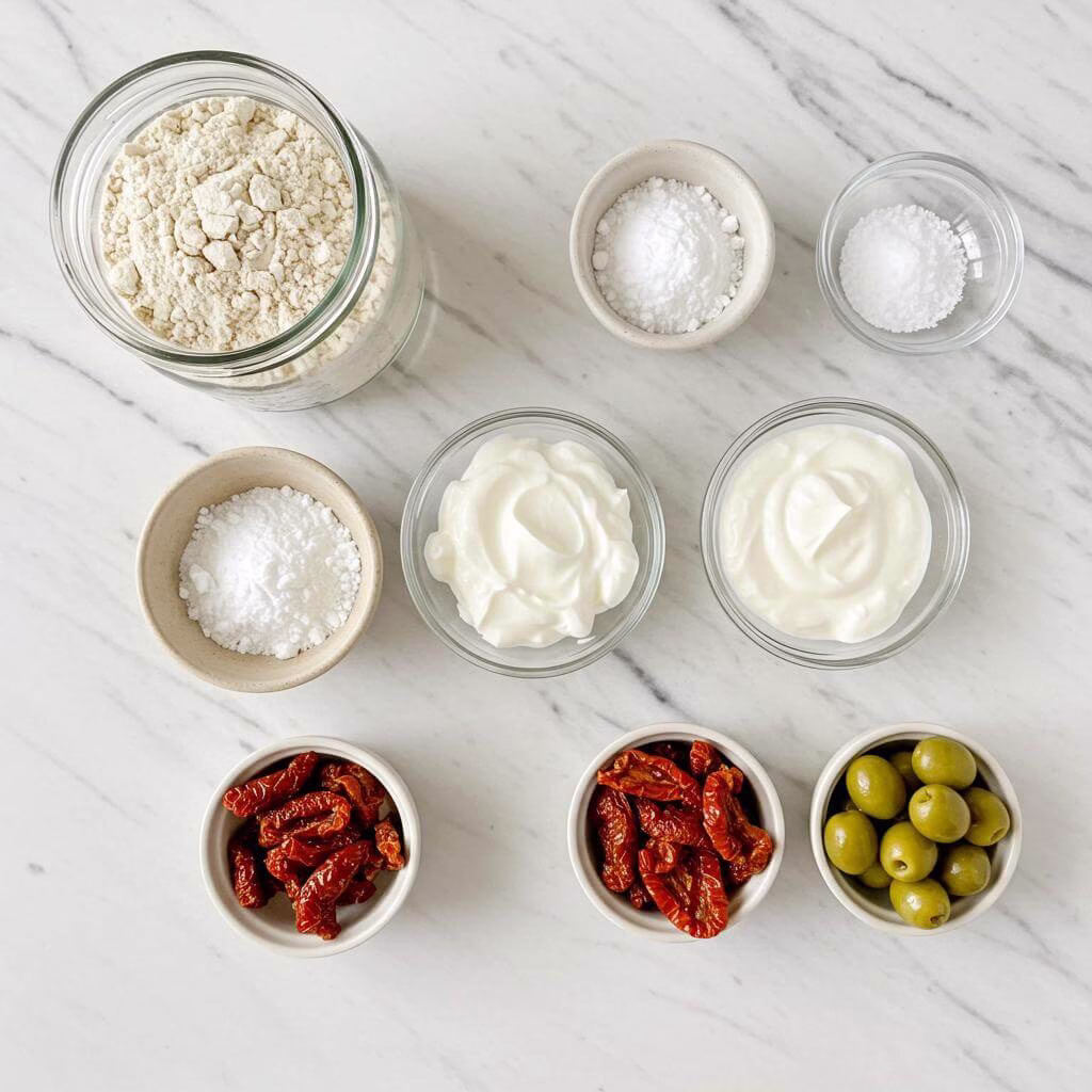 Gluten free flatbread ingredients on marble