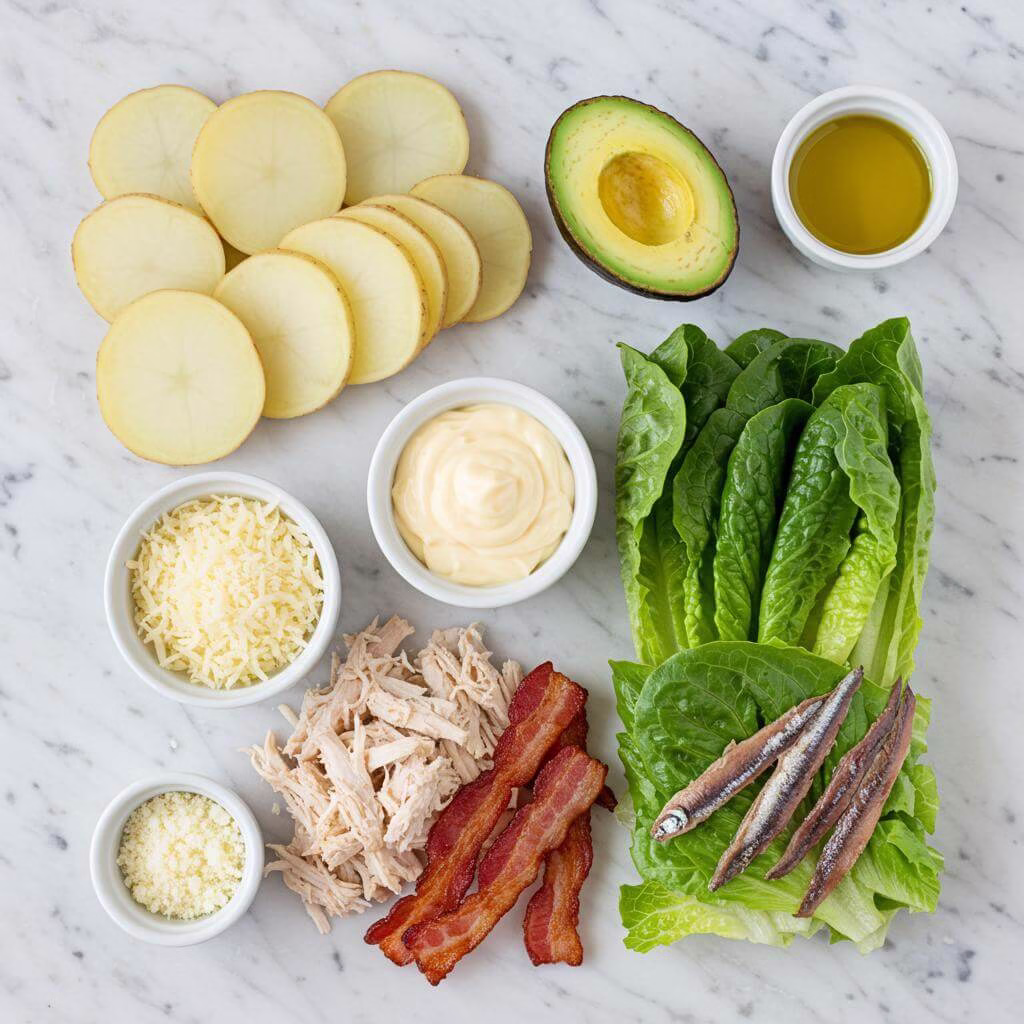 Chicken caesar salad potato wraps ingredients flat lay