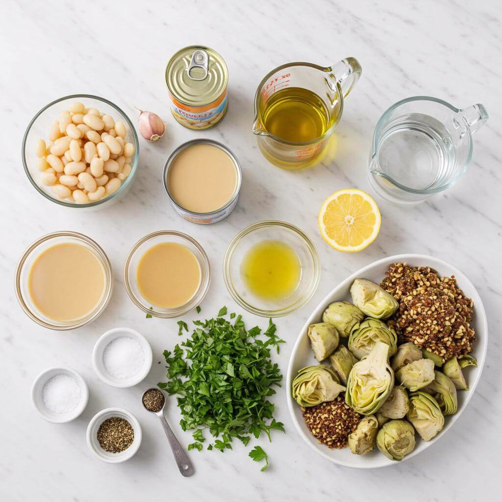Gluten free snacks ingredients: beans, tahini, garlic, lemon, spices.