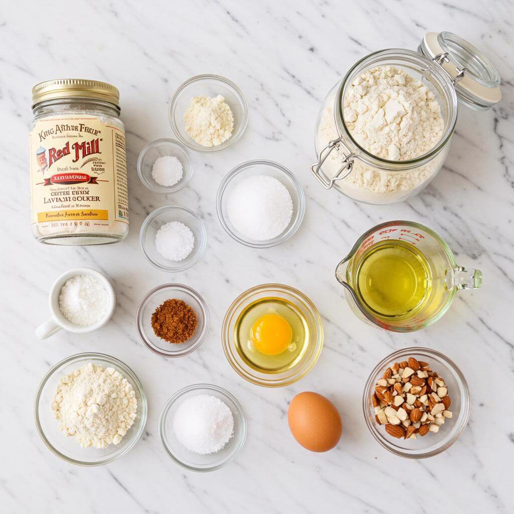 Gluten free lavash crackers ingredients on marble surface