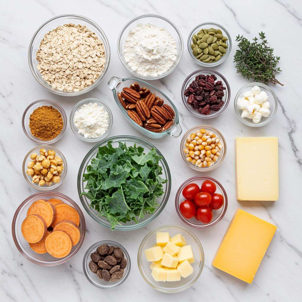 Gluten-free snack mix recipes ingredients flat lay