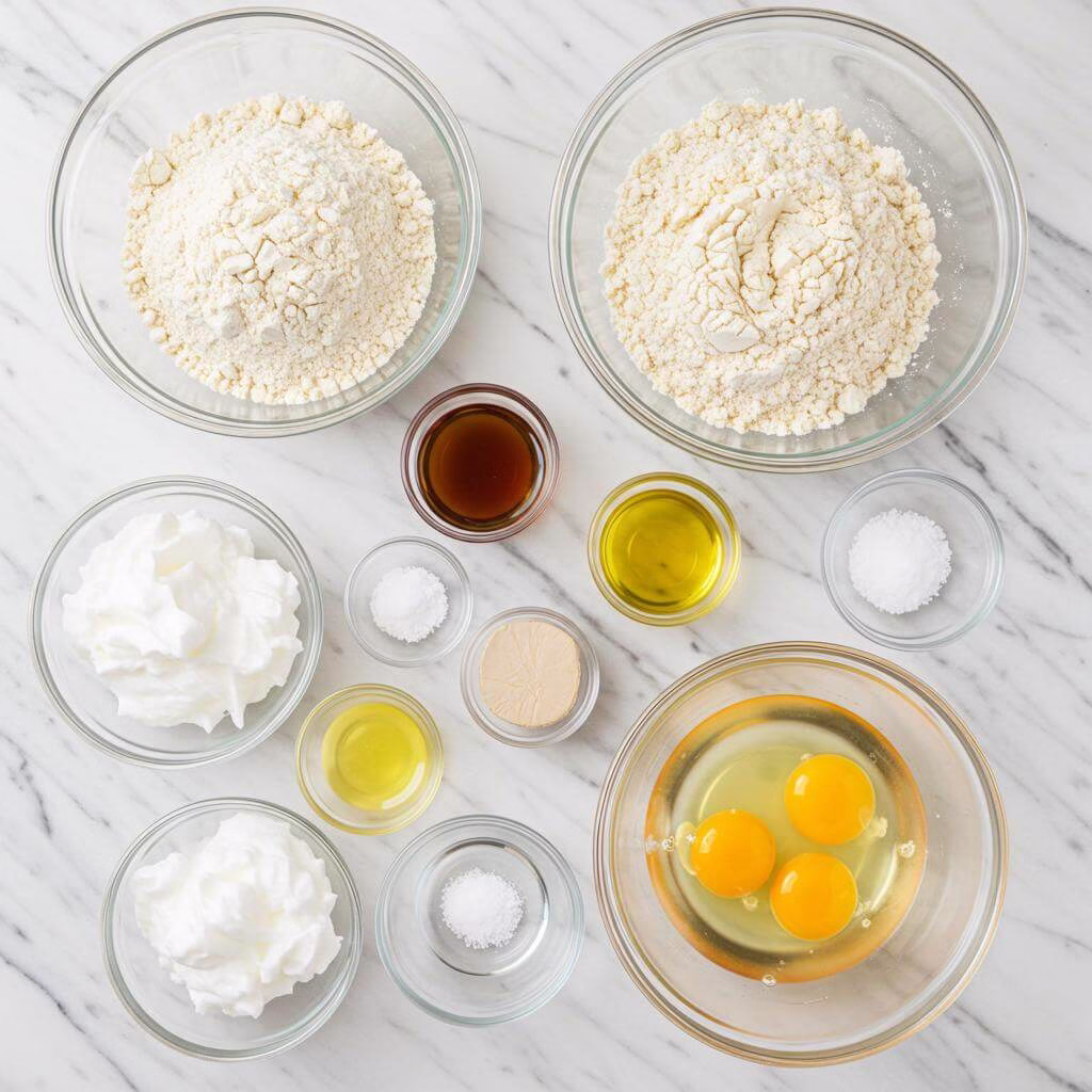 Gluten-free bread recipe ingredients flat lay