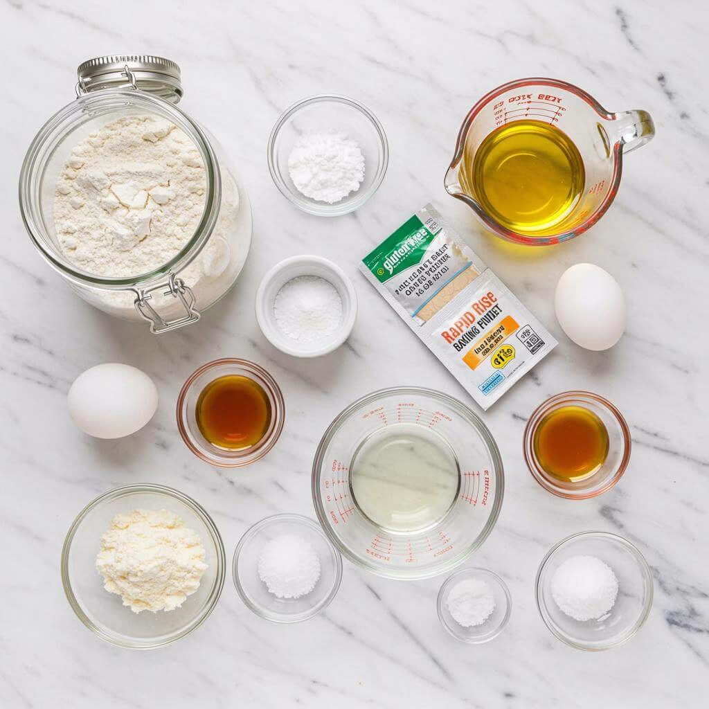 Gluten-free bread recipe ingredients on white marble