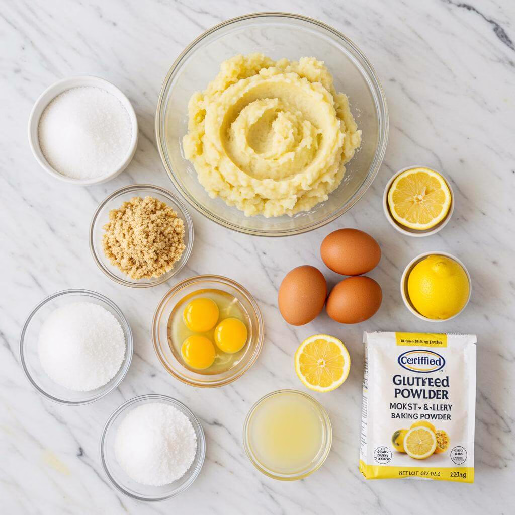 Potato almond cake ingredients on marble countertop