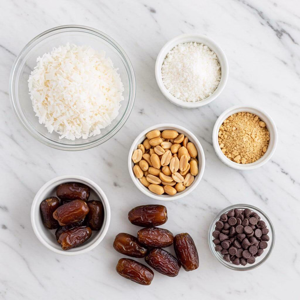 Coconut date energy balls ingredients on marble