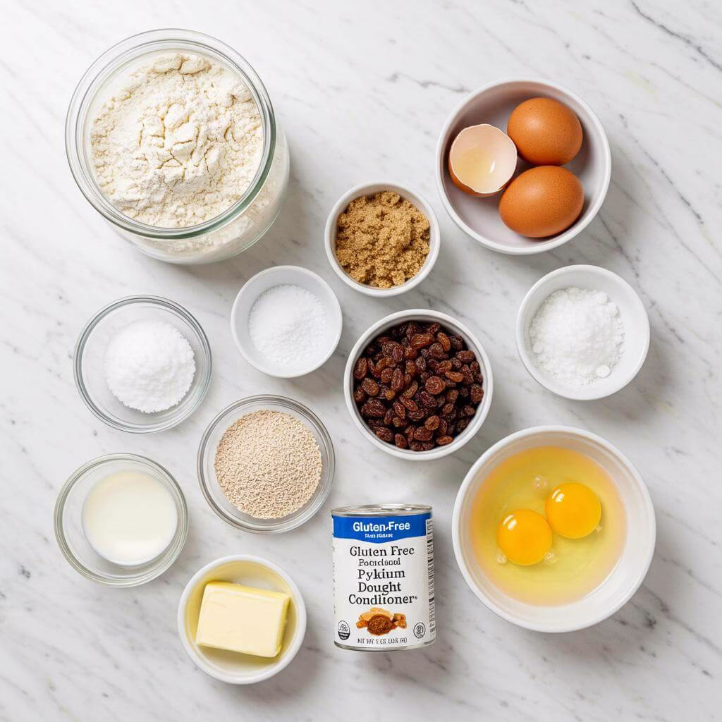 Gluten free cinnamon raisin bread ingredients on marble