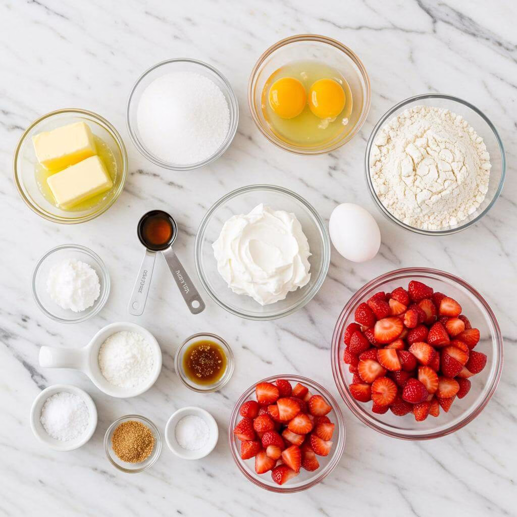 Gluten free strawberry muffins ingredients on marble countertop