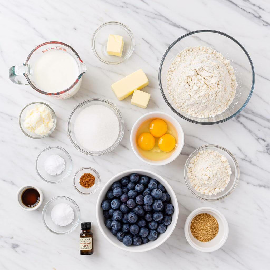 Gluten free blueberry muffins ingredients on marble