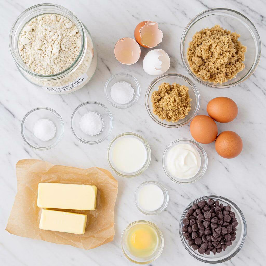 Gluten free chocolate chip muffins ingredients flat lay