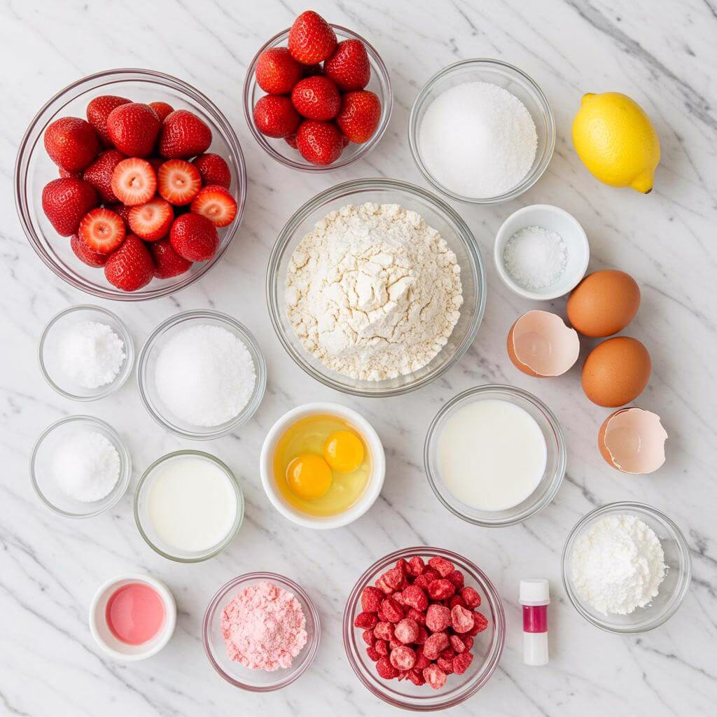 Gluten-free strawberry cake ingredients on marble