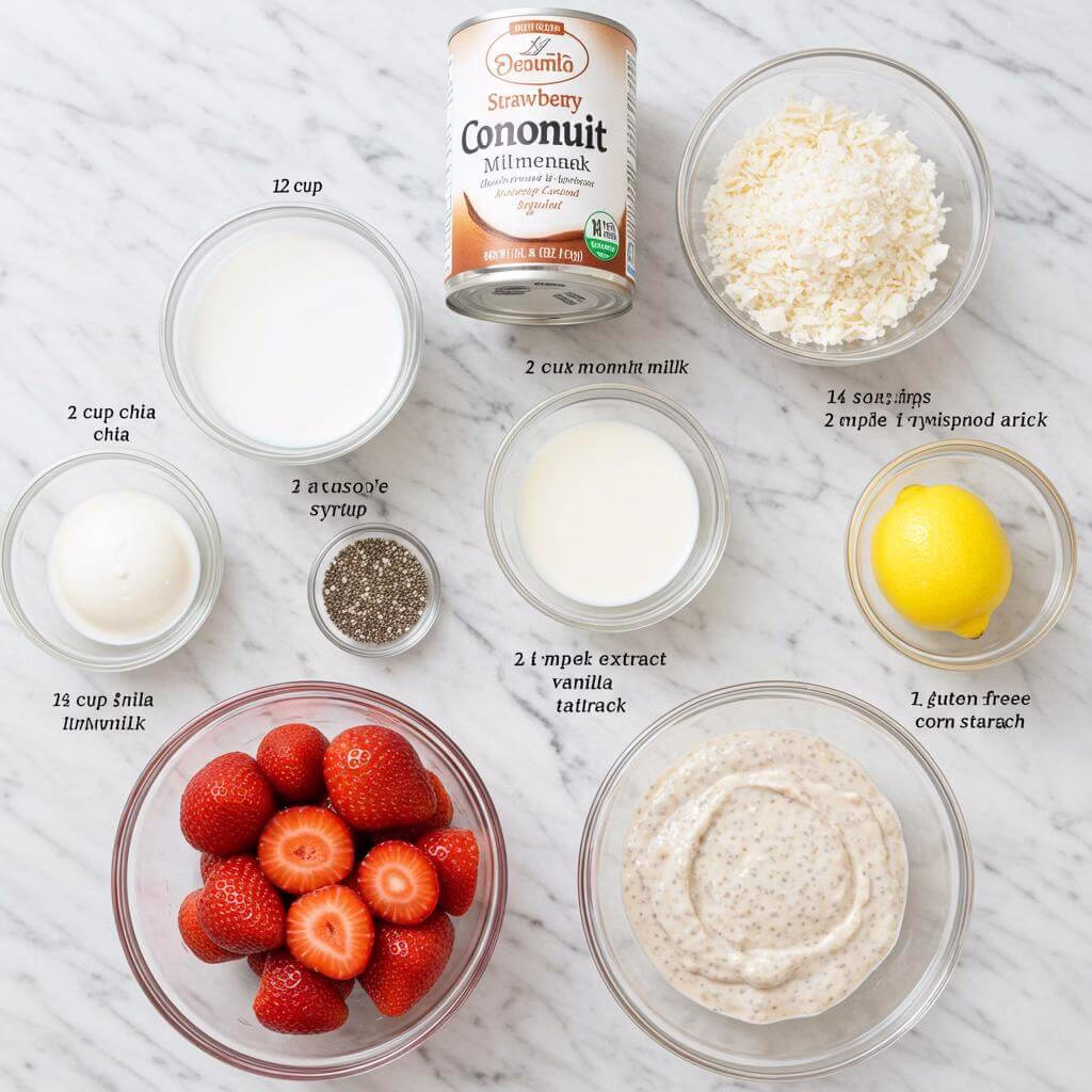 Strawberry chia pudding ingredients in small glass bowls