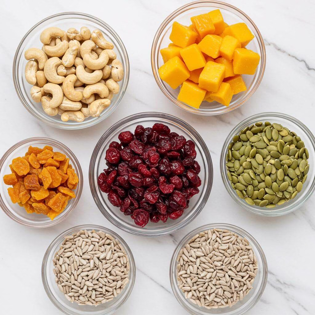 Gluten free trail mix ingredients in glass bowls