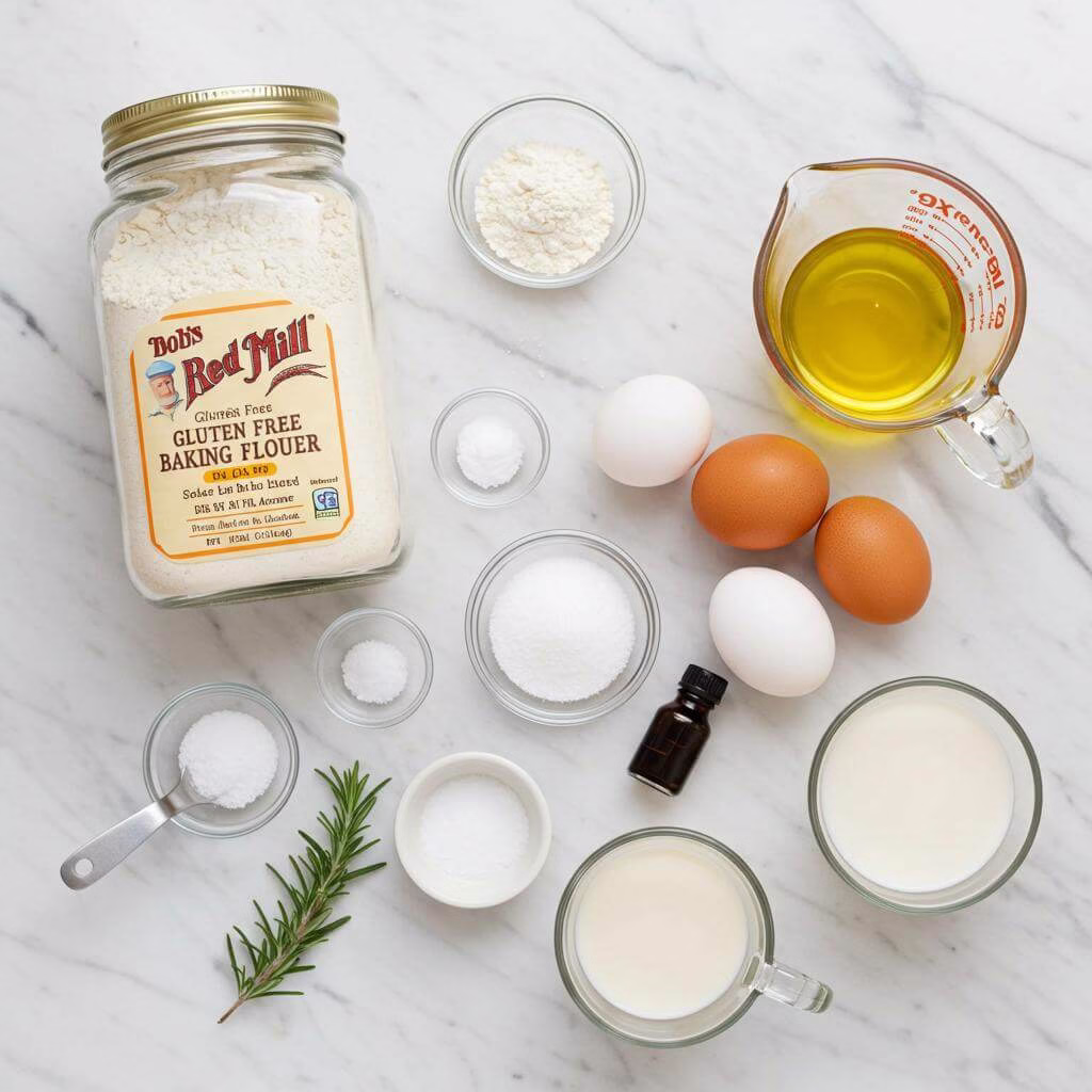 Gluten-free waffles ingredients on marble countertop