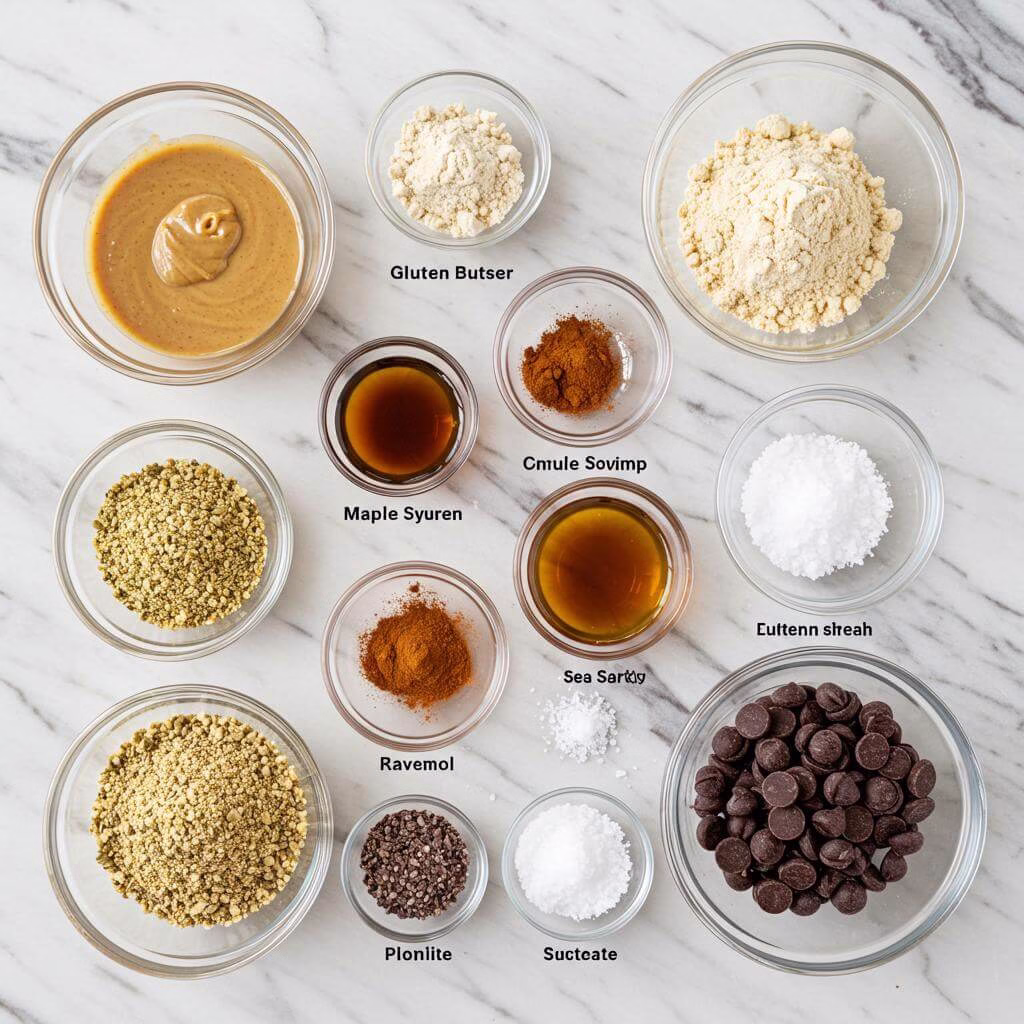 Gluten free protein bars ingredients: almond butter, flaxseed, and chocolate chips