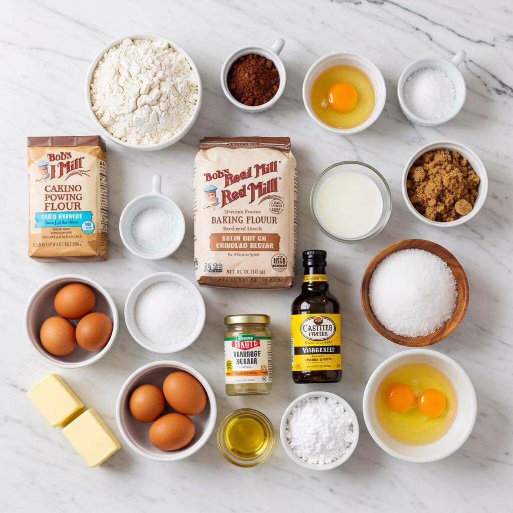 Gluten free chocolate cake ingredients flat lay