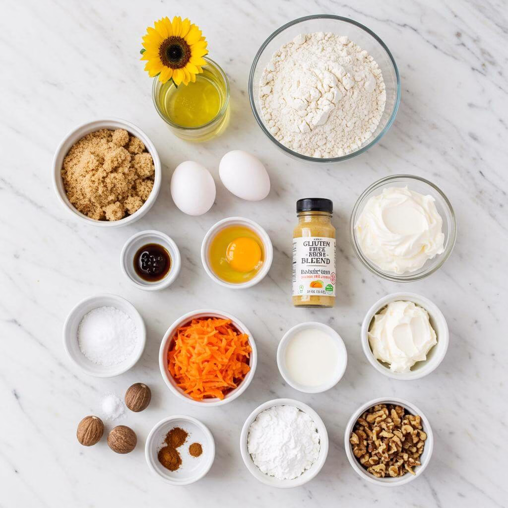 Gluten free carrot cake ingredients on marble
