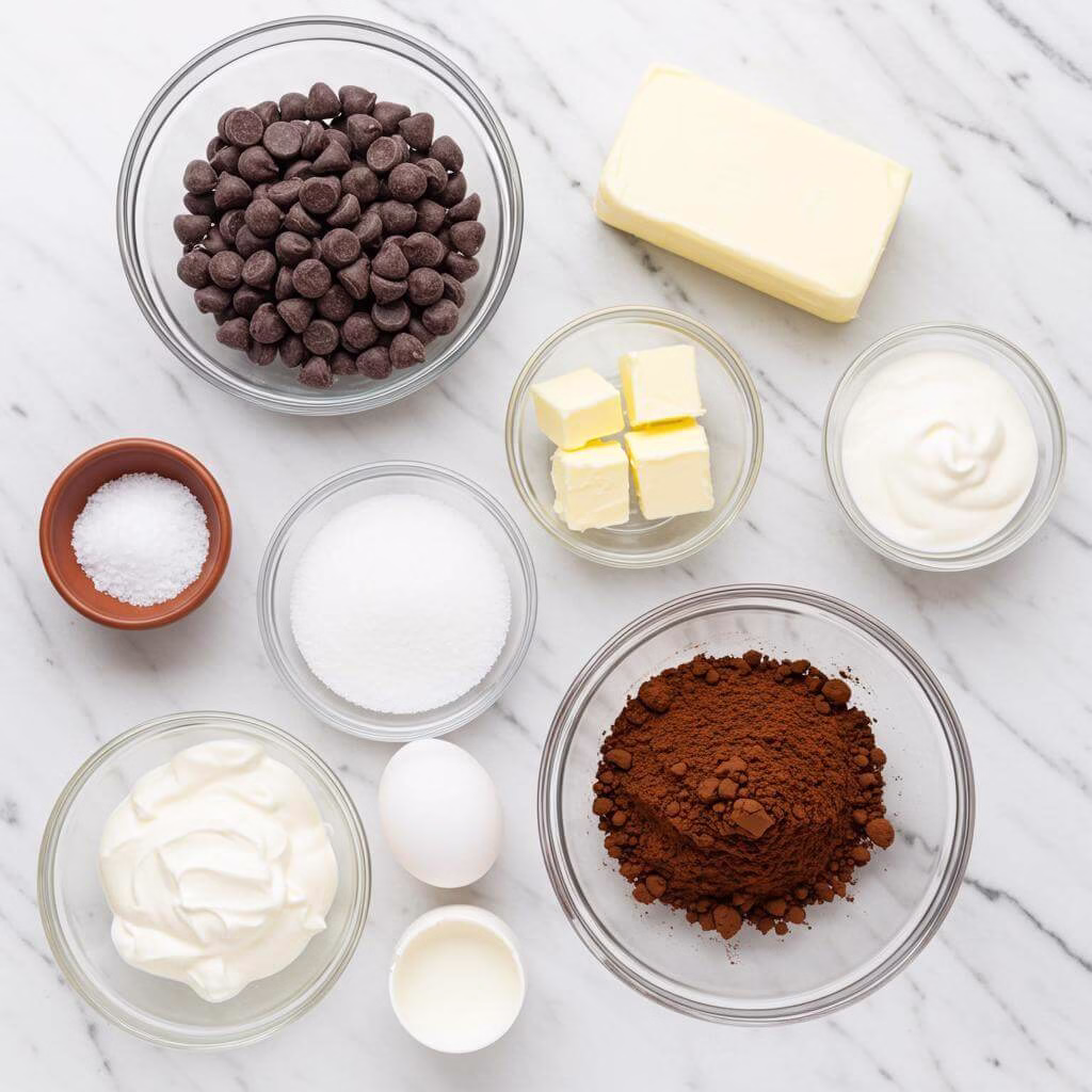 Flourless chocolate cake ingredients on marble countertop