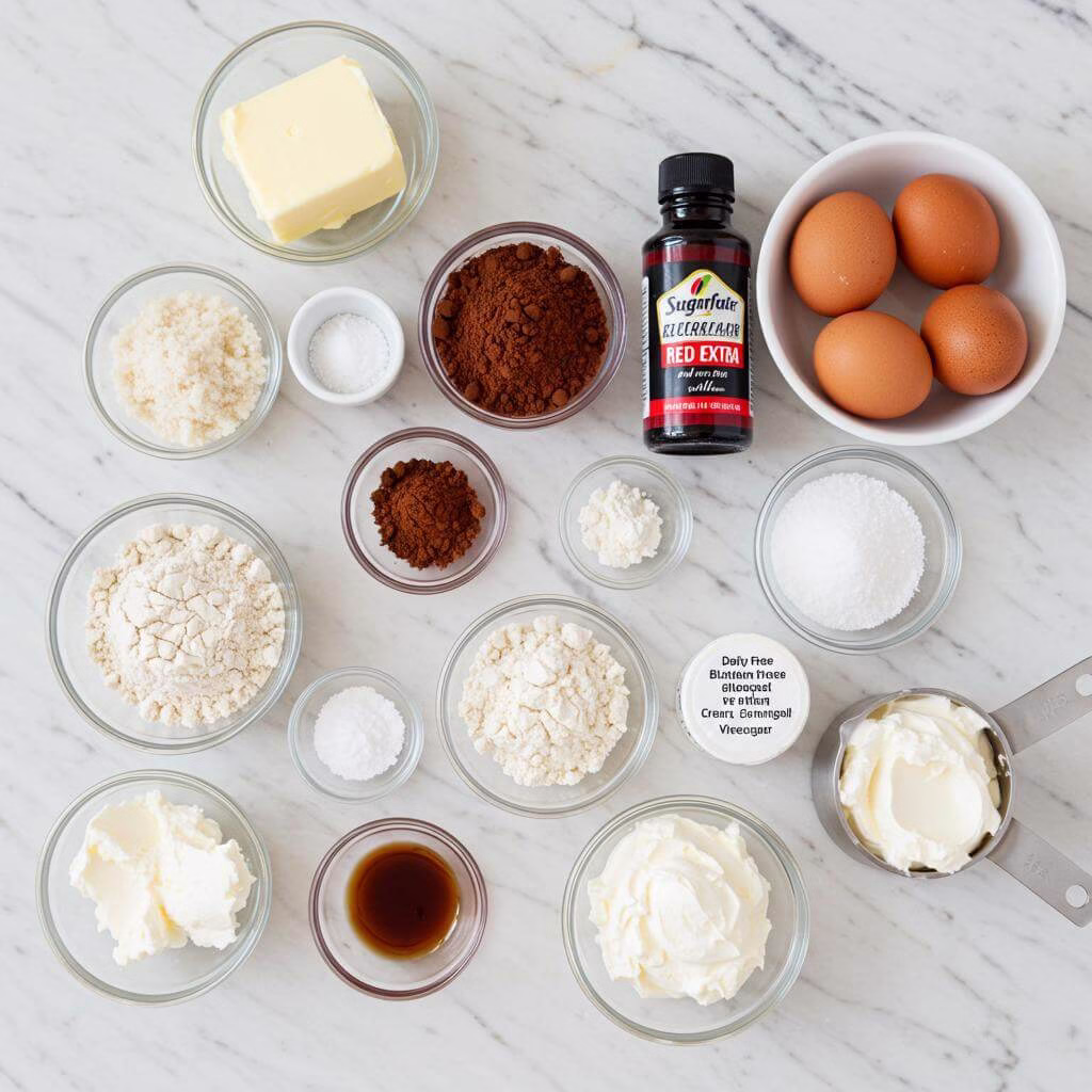Gluten free red velvet cake ingredients on marble