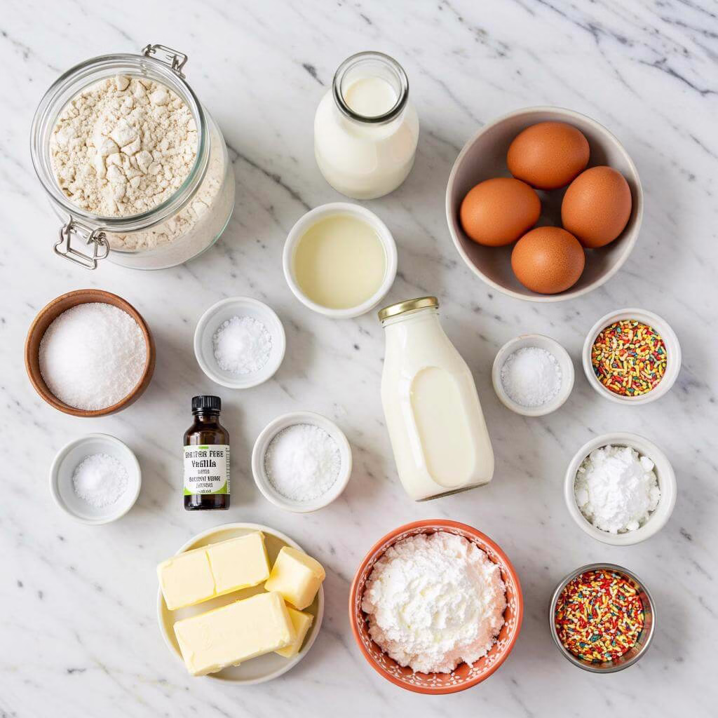 Gluten free vanilla cake ingredients on white marble