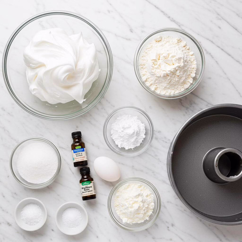 Gluten-free angel food cake ingredients on a white marble counter