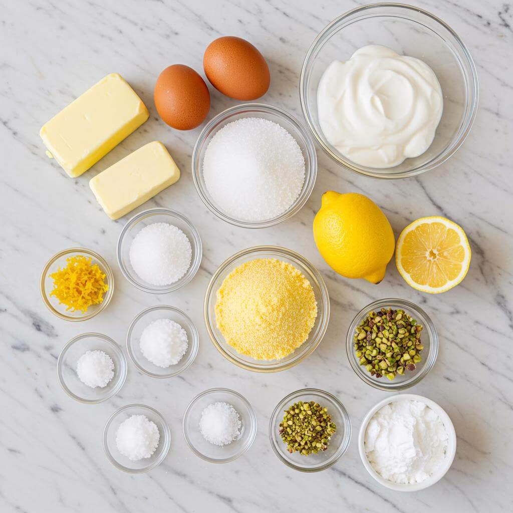 Lemon polenta cake ingredients flat lay