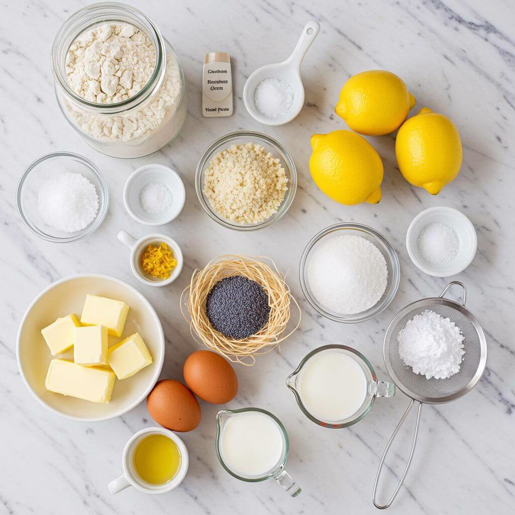 Gluten-free lemon poppy seed cake ingredients flat lay
