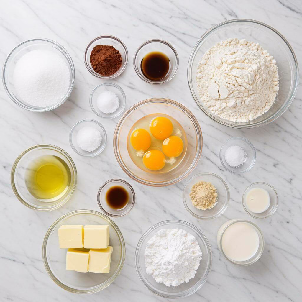 Vegan gluten free chocolate cake ingredients flat lay