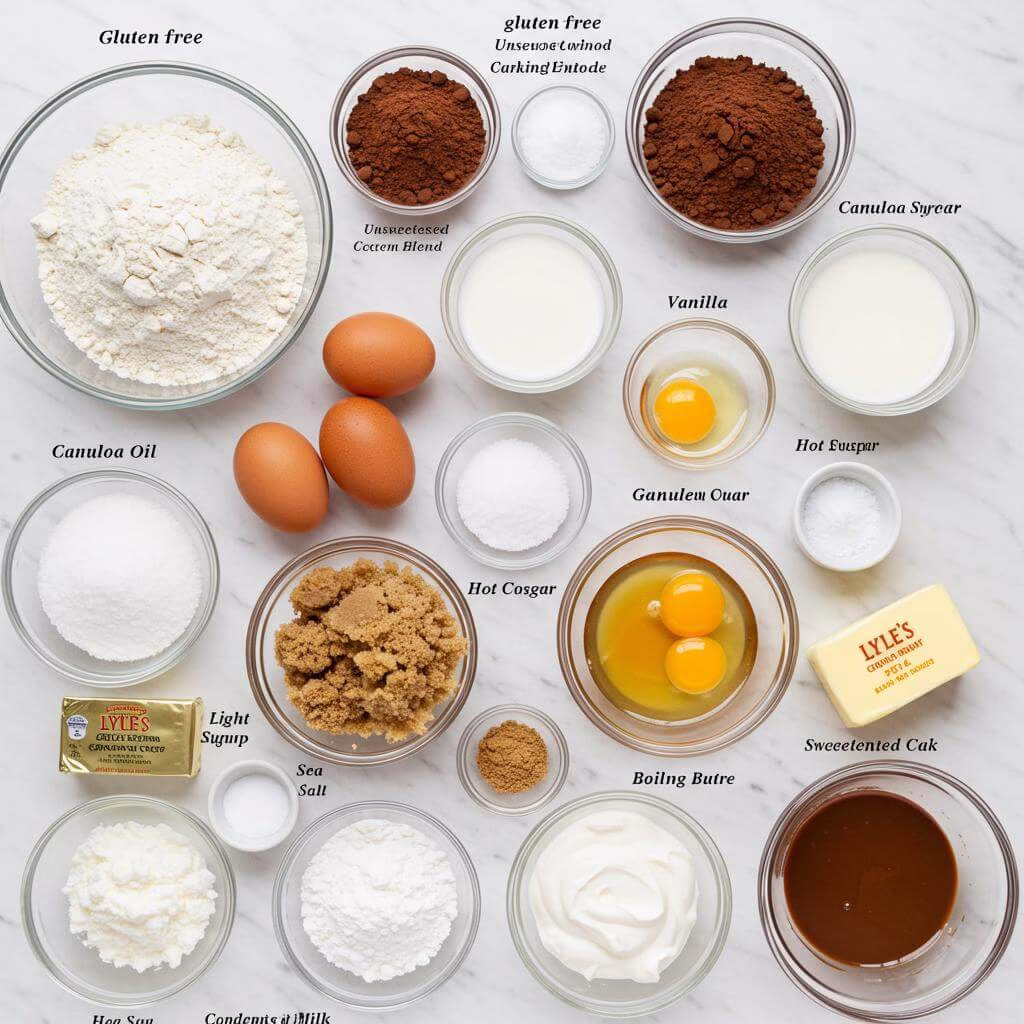Gluten free chocolate caramel cake ingredients on marble