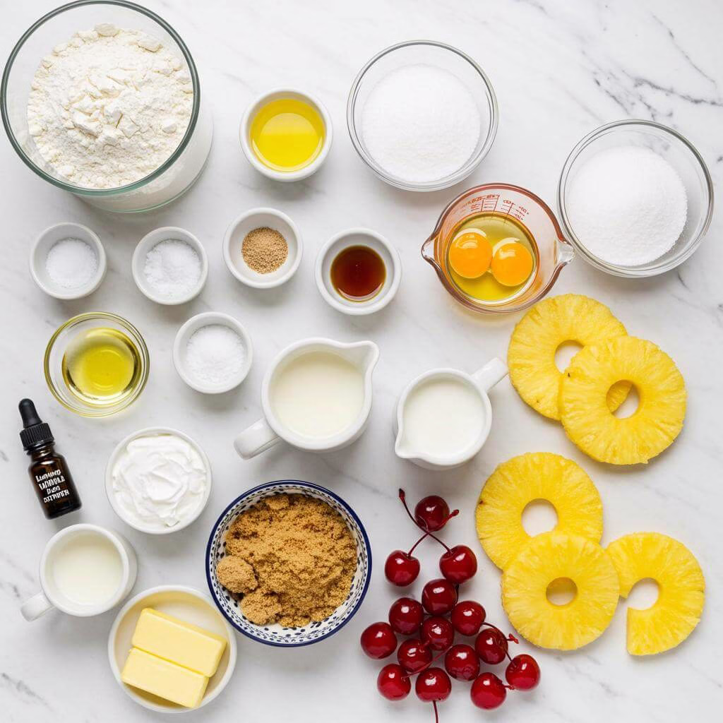Gluten free pineapple upside-down cake ingredients flat lay