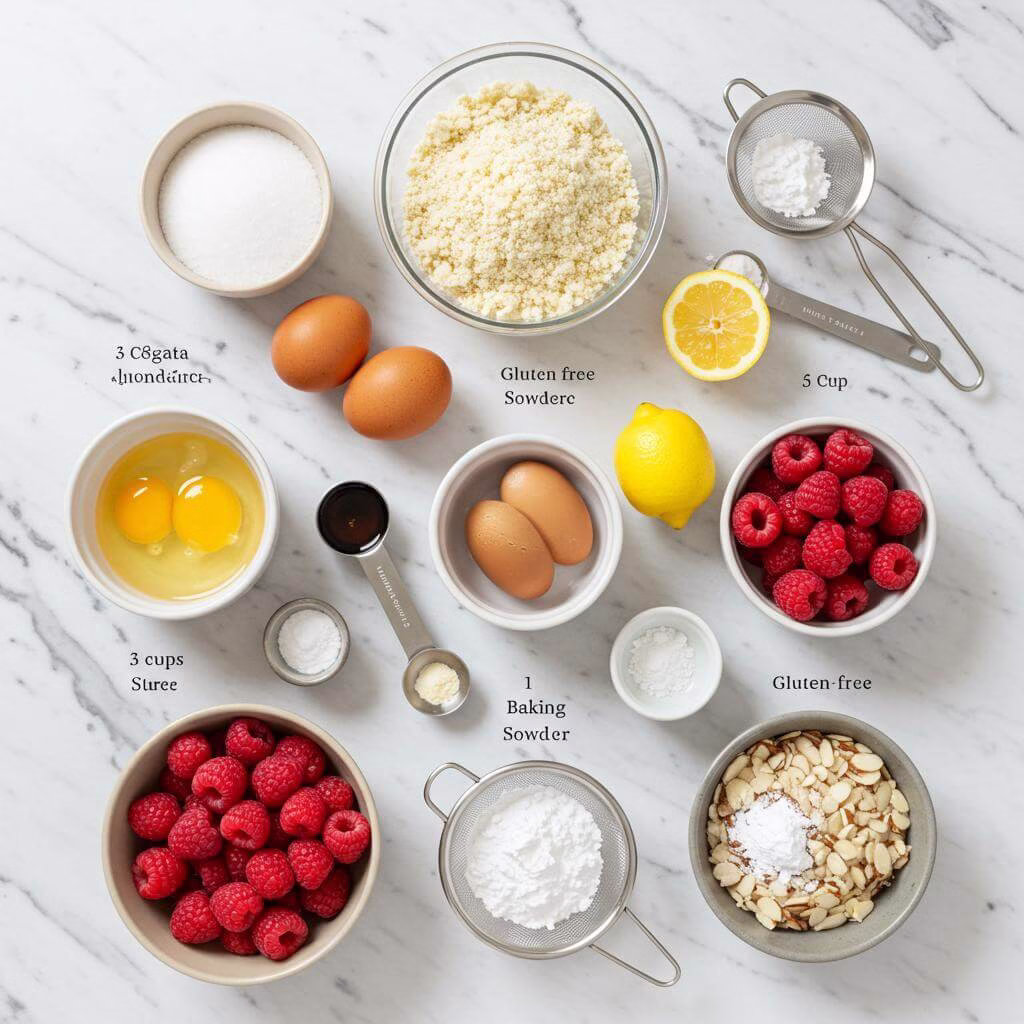 Raspberry almond cake ingredients on marble