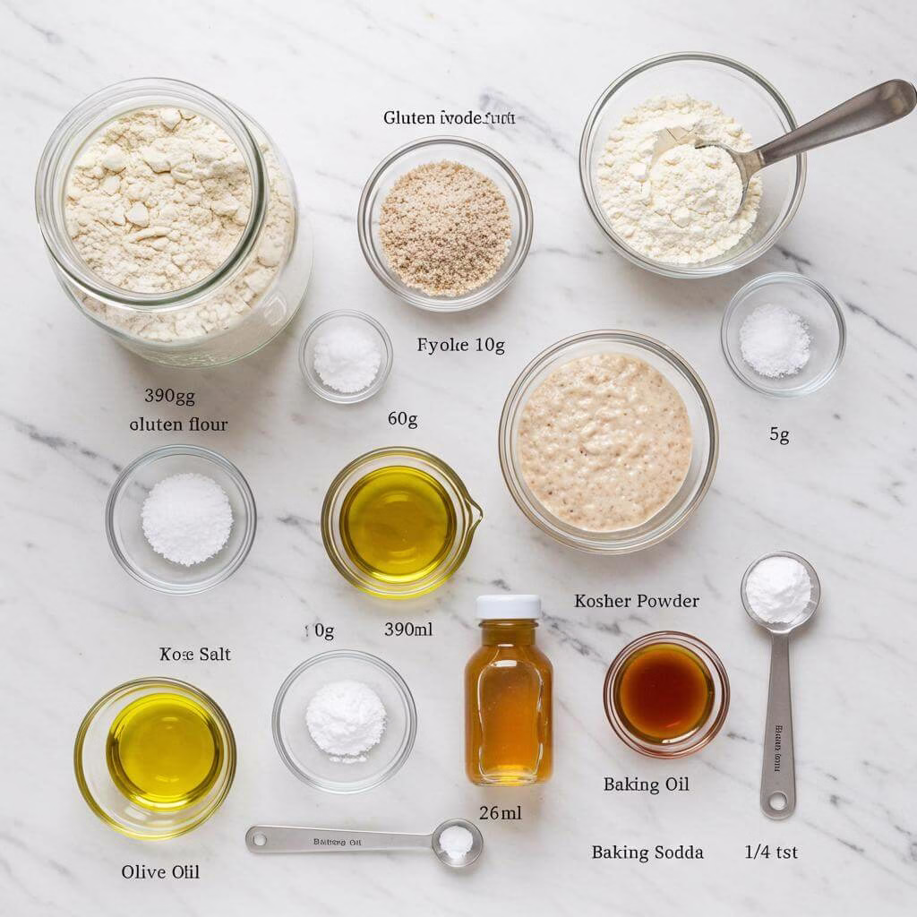 Gluten free sourdough bread ingredients on marble countertop