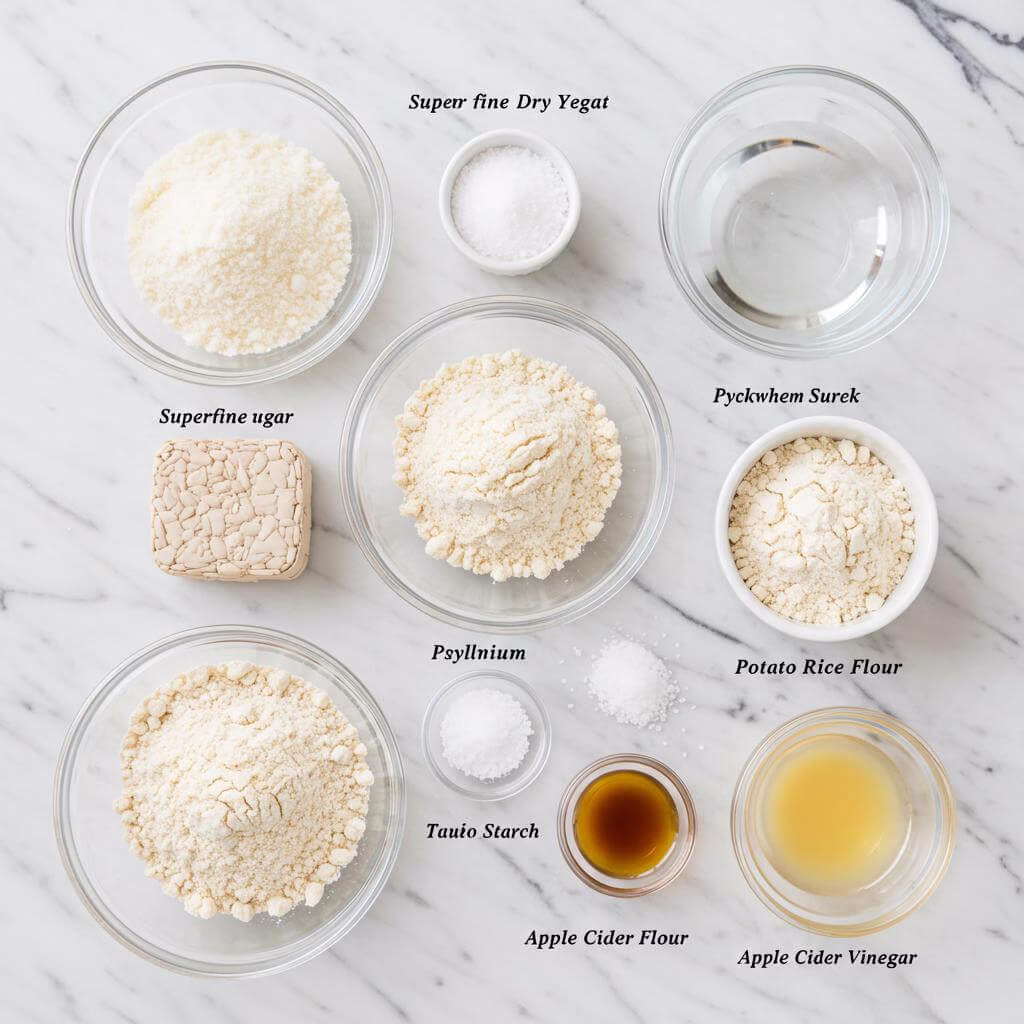 Gluten free bread recipe ingredients on marble