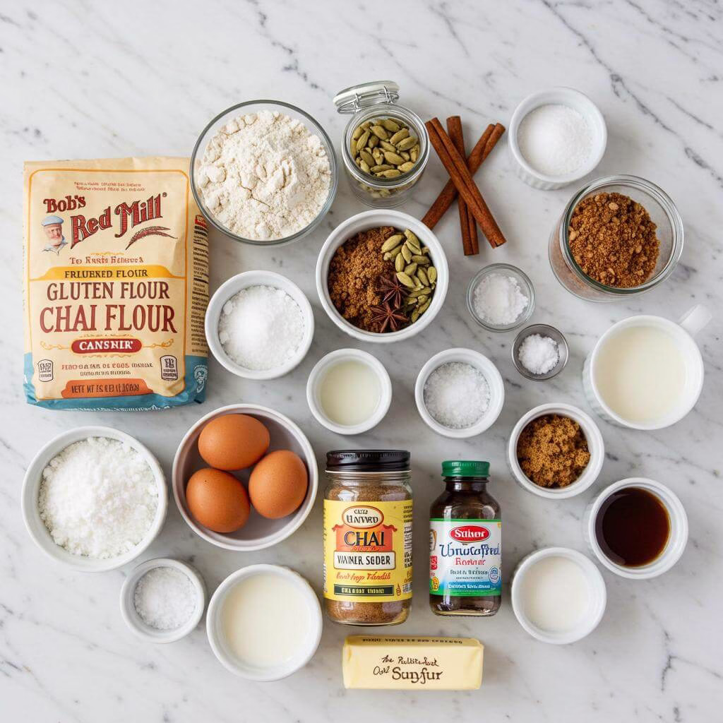 Gluten free chai bundt cake ingredients flat lay