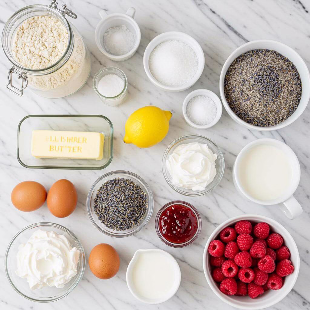 Gluten free lemon lavender cake ingredients on marble