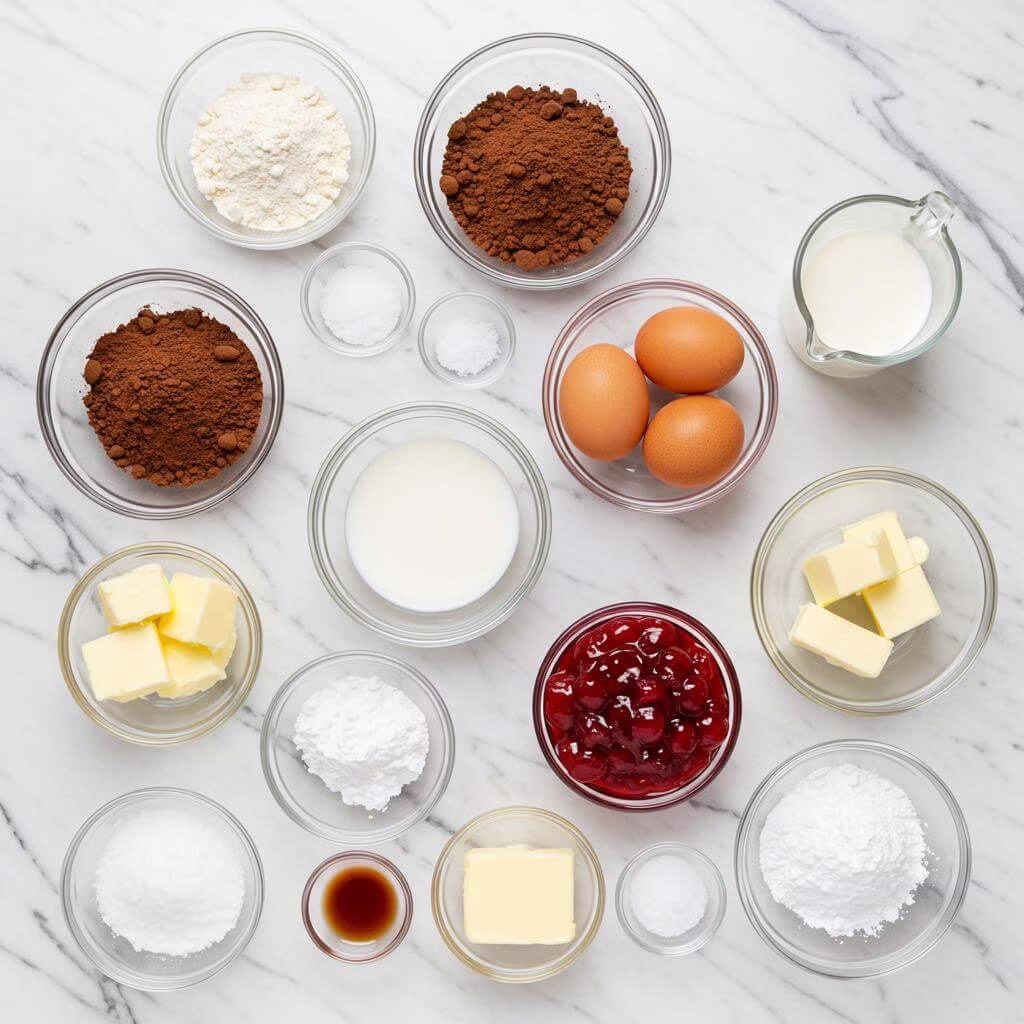 Chocolate cherry cake ingredients on marble countertop