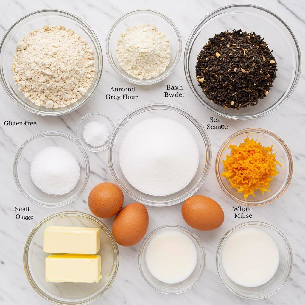 Gluten free earl grey cake ingredients flat lay