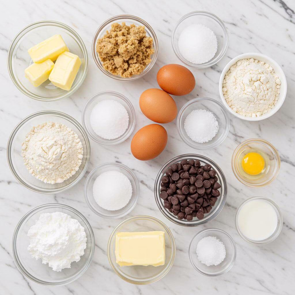 Gluten-free cookie cake ingredients flat lay