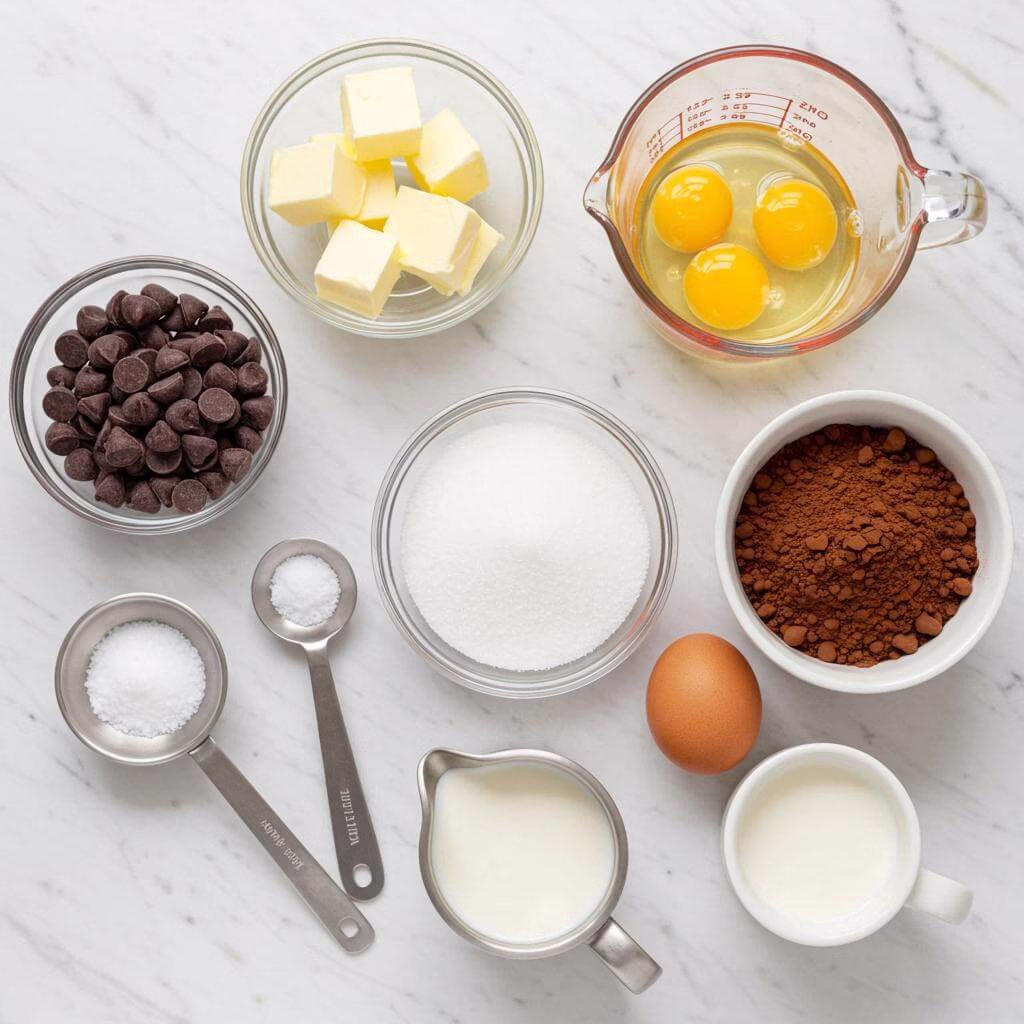 Flourless chocolate cake ingredients on marble countertop