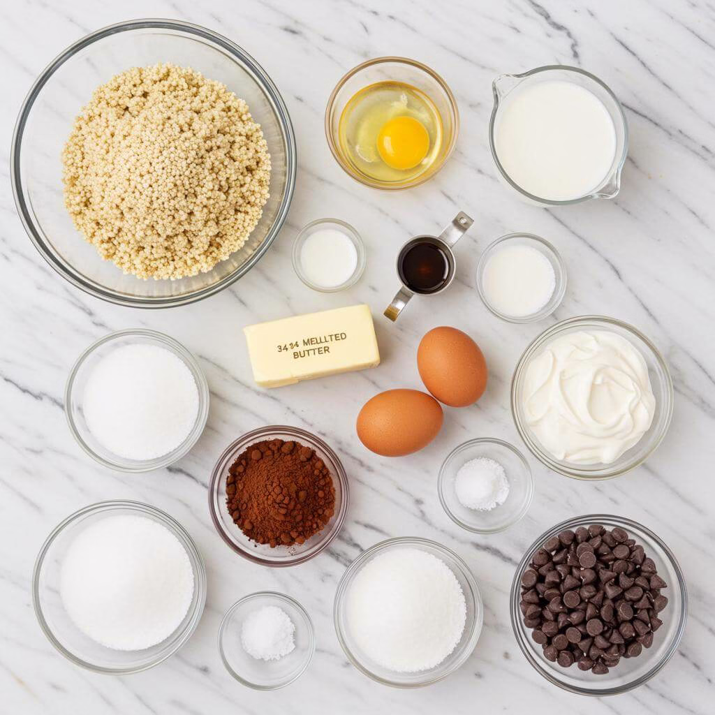 Gluten free chocolate cake ingredients on marble