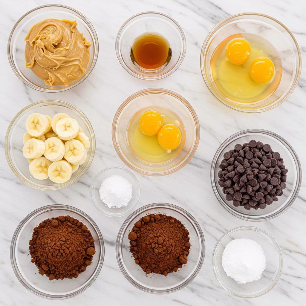 Flourless chocolate muffins ingredients on marble
