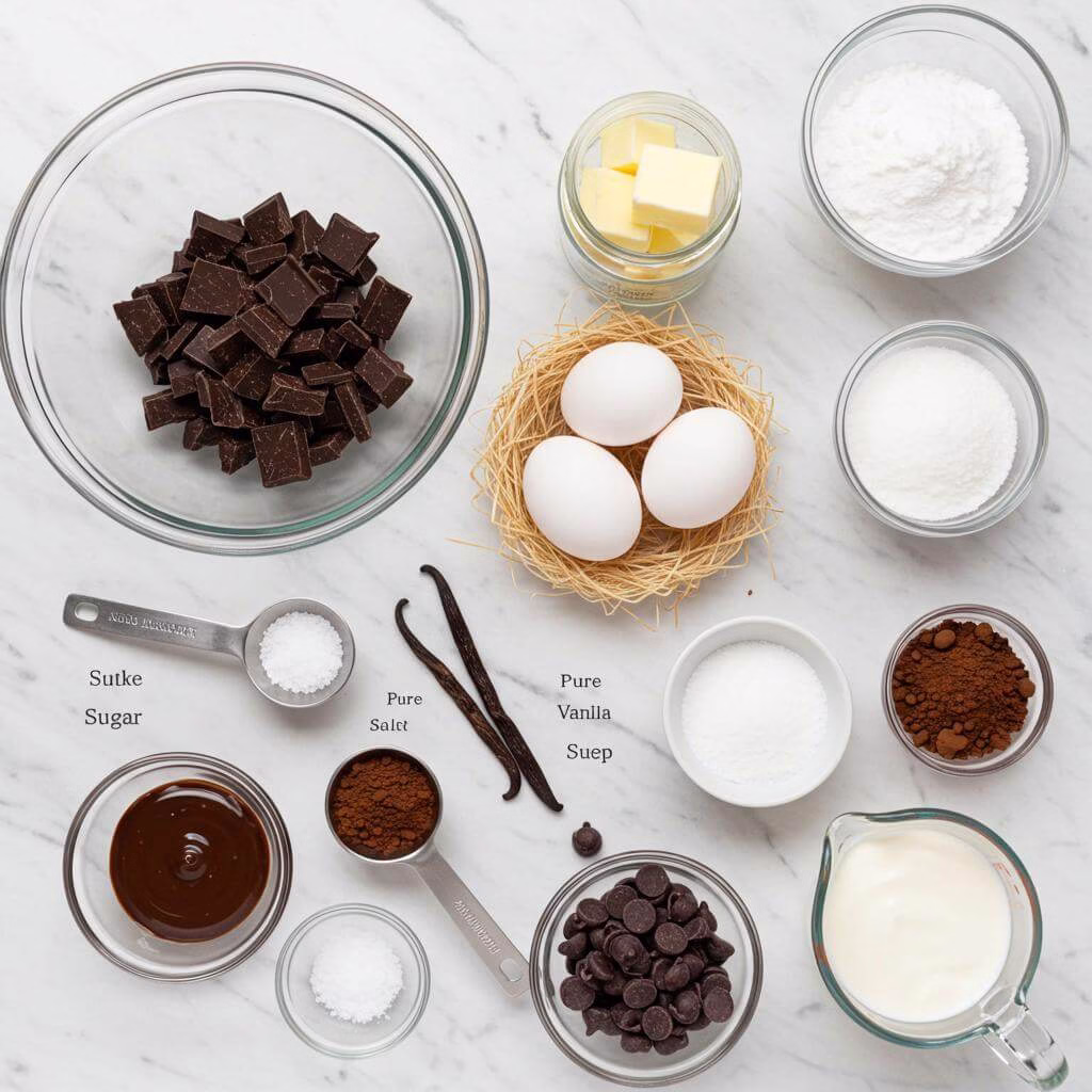 Flourless brownies ingredients: chocolate, butter, eggs, sugar, and cocoa